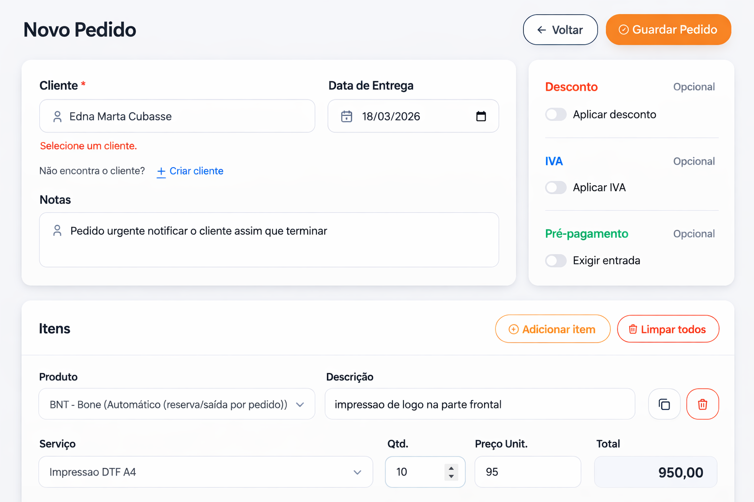 Painel de pedidos com indicadores de desempenho da gráfica